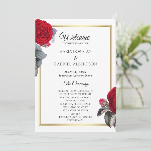 Elegant rood bloesem roos. Botanische bruiloft Programmakaart (Staand voorkant)