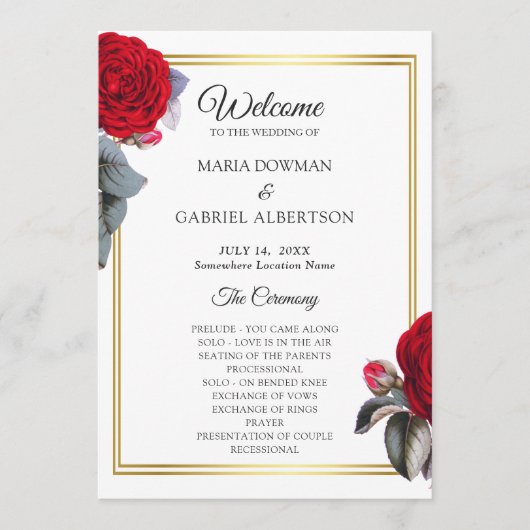 Elegant rood bloesem roos. Botanische bruiloft Programmakaart (Voorkant)