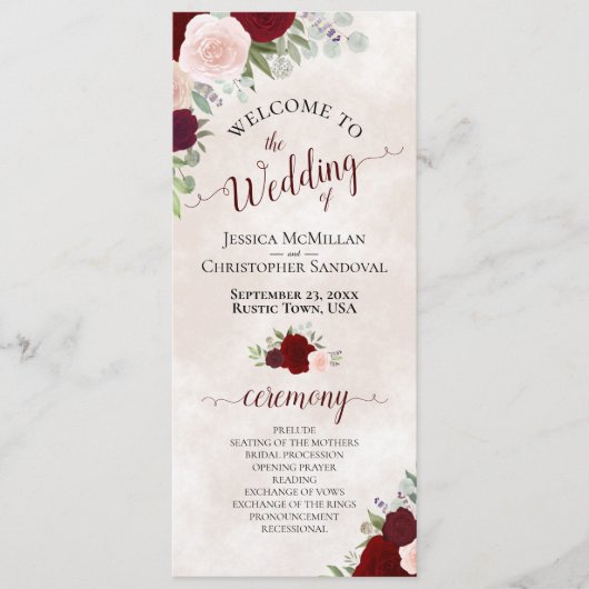 Elegant Rood & Blush Roze Waterverf Rozen Bruiloft Programmakaart (Voorkant)