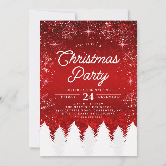 Elegant rood | Bomen & Sneeuwvlokken Kerstfeest Kaart (Voorkant)