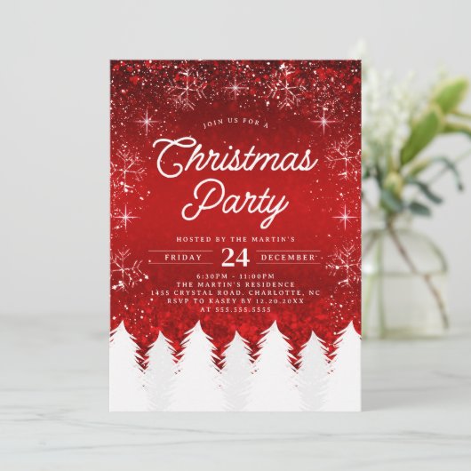 Elegant rood | Bomen & Sneeuwvlokken Kerstfeest Kaart (Staand voorkant)