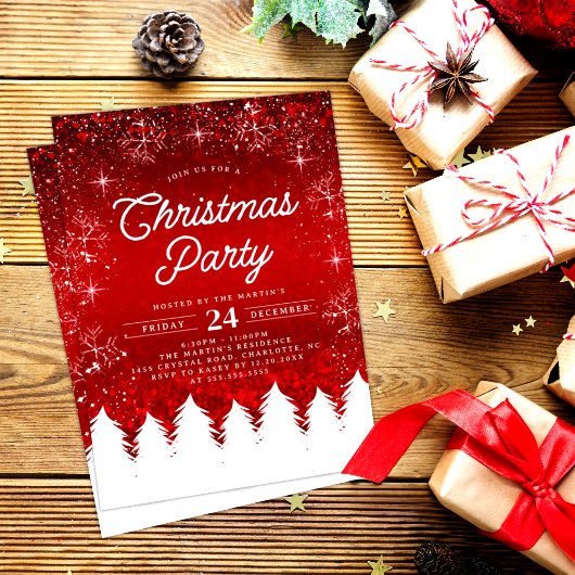 Elegant rood | Bomen & Sneeuwvlokken Kerstfeest Kaart