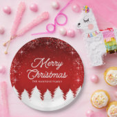 Elegant rood | Bomen & Sneeuwvlokken Kerstfeest Papieren Bordje (Feest)