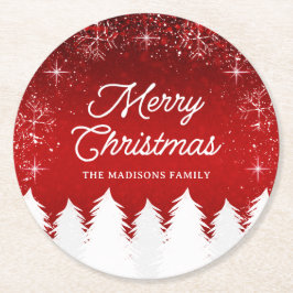Elegant rood | Bomen & Sneeuwvlokken Kerstfeest Ronde Kartonnen Onderzetter