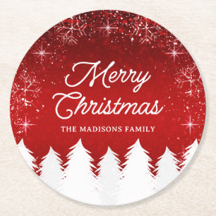 Elegant rood   Bomen & Sneeuwvlokken Kerstfeest Ronde Kartonnen Onderzetter