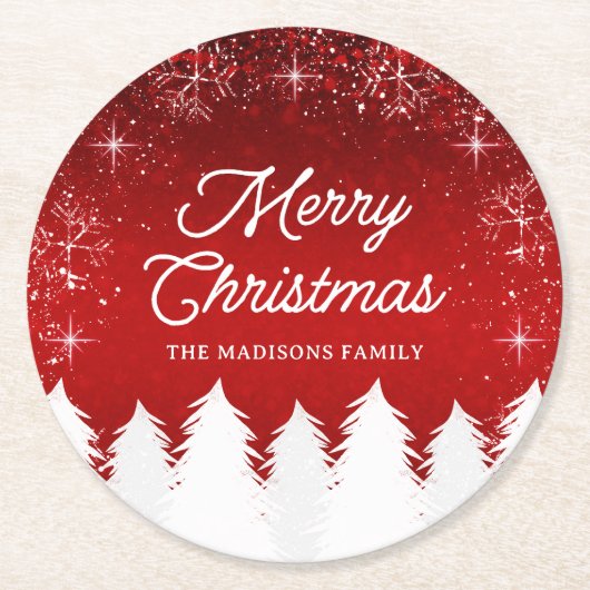 Elegant rood | Bomen & Sneeuwvlokken Kerstfeest Ronde Kartonnen Onderzetter (Voorkant)