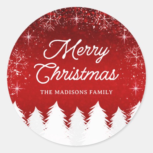 Elegant rood | Bomen & Sneeuwvlokken Kerstfeest Ronde Sticker (Voorkant)