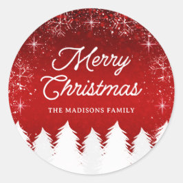 Elegant rood | Bomen & Sneeuwvlokken Kerstfeest Ronde Sticker