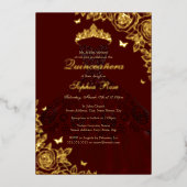 Elegant rood Bourgogne Goud Roos Jurk Quinceanera Folie Uitnodiging (Voorkant)