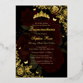 Elegant rood Bourgogne Goud Roos Quinceanera Folie Uitnodiging (Voorkant)