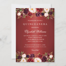 Elegant rood Bourgogne Roos Quinceanera Invite Kaart