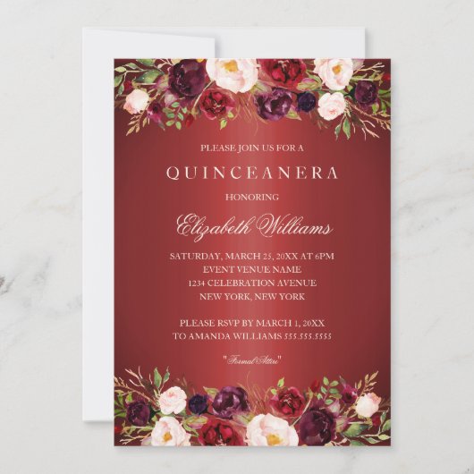 Elegant rood Bourgogne Roos Quinceanera Invite Kaart (Voorkant)