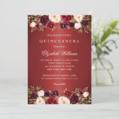 Elegant rood Bourgogne Roos Quinceanera Invite Kaart (Staand voorkant)