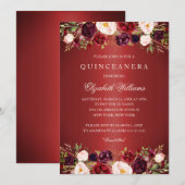 Elegant rood Bourgogne Roos Quinceanera Invite Kaart (Voorkant / Achterkant)