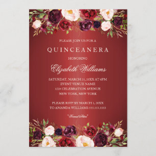 Elegant rood Bourgogne Roos Quinceanera Invite Kaart