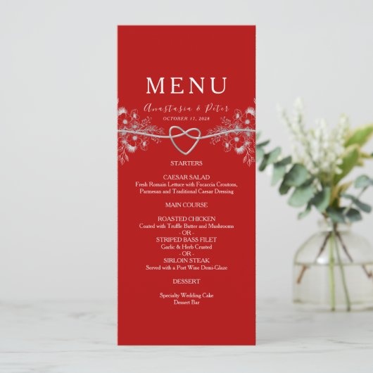 Elegant rood bruiloft menu (Staand voorkant)