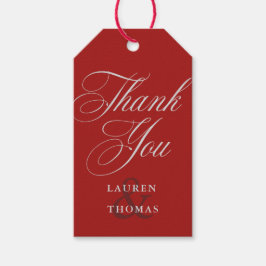 Elegant rood dank u met zilveren kalligrafie tekst cadeaulabel