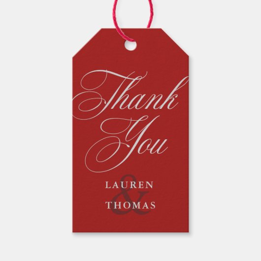 Elegant rood dank u met zilveren kalligrafie tekst cadeaulabel (Voorkant)