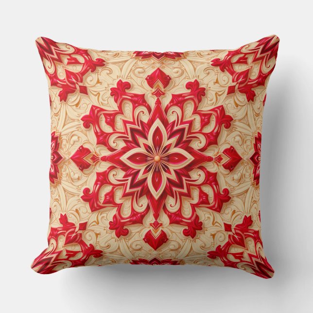 Elegant rood en beige sierpatroon kussen (Voorkant)