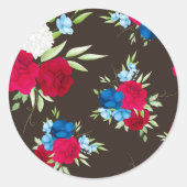 Elegant rood en blauw bloemmotief op bruin ronde sticker (Voorkant)