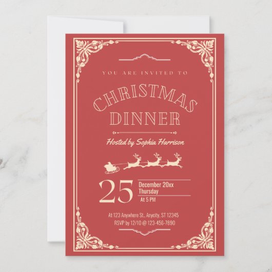 Elegant rood en crème detail kerstdiner kaart (Voorkant)