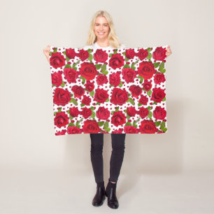 Elegant rood en donkerroze bloemrozenpatroon fleece deken