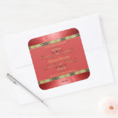 Elegant Rood- en Gold-etiket Glitter Borders Vierkante Sticker (Envelop)