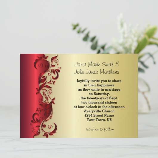 Elegant Rood- en Gold Florid Wedding Design Kaart (Staand voorkant)