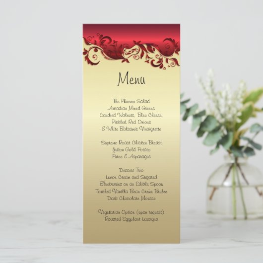 Elegant Rood- en Gold Florid Wedding Design Menu (Staand voorkant)