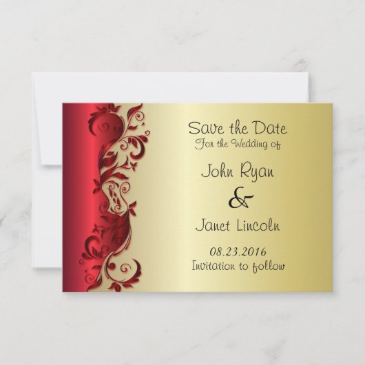 Elegant Rood- en Gold Florid Wedding Design Save The Date (Voorkant)