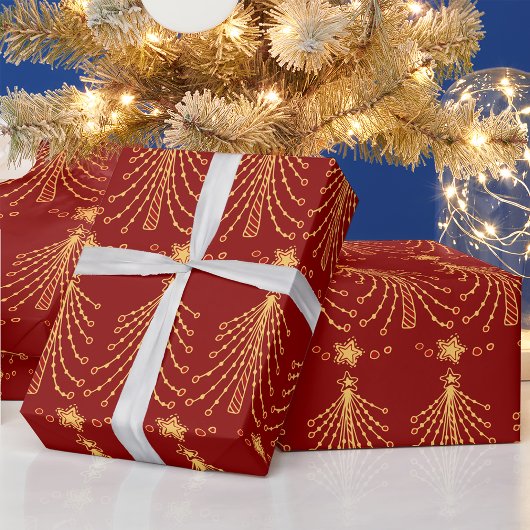 Elegant Rood- en Gold-kerstboomverlichting Cadeaupapier
