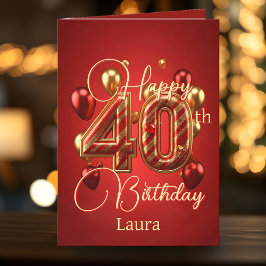 Elegant rood en goud 40e verjaardag kaart