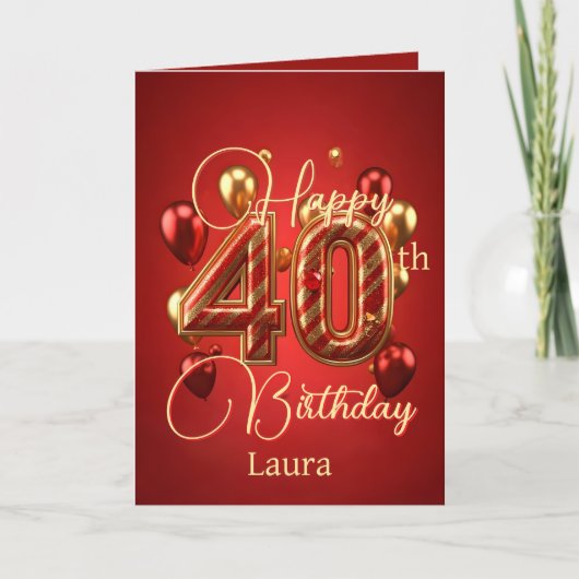Elegant rood en goud 40e verjaardag kaart (Voorkant)