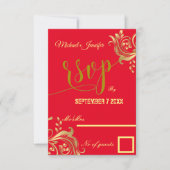 Elegant rood en goud aangepaste ontwerp bruiloft RSVP kaartje (Voorkant)