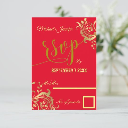 Elegant rood en goud aangepaste ontwerp bruiloft RSVP kaartje (Staand voorkant)