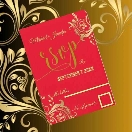 Elegant rood en goud aangepaste ontwerp bruiloft RSVP kaartje