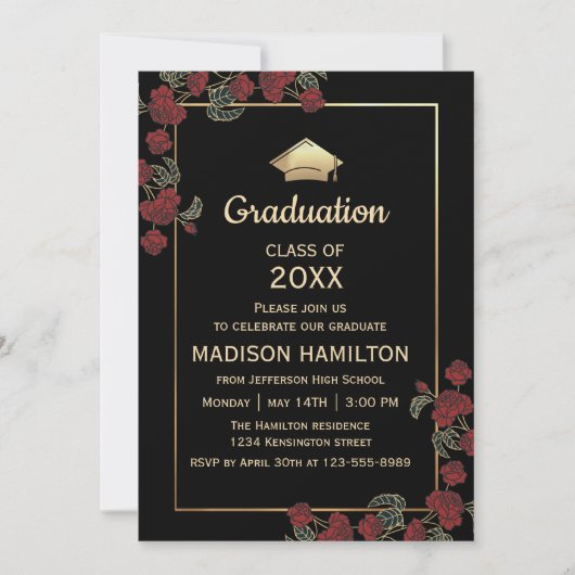 Elegant rood en goud afstudeerfeest kaart (Voorkant)