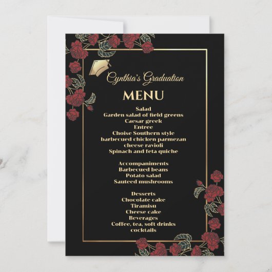Elegant rood en goud Afstuderen menu Kaart (Voorkant)