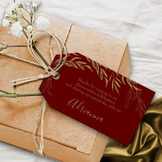 Elegant rood en goud blad gunst cadeaulabel