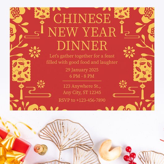 Elegant rood en goud Chinees nieuwjaarsdiner Kaart