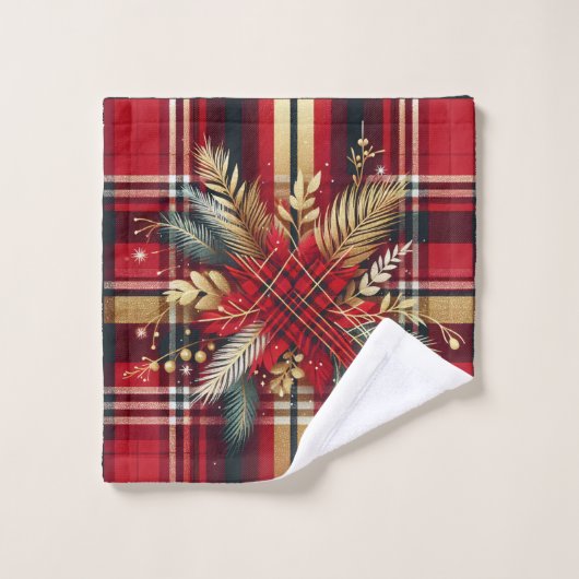 Elegant Rood en Goud Feestelijk Plaid Bad Handdoek (Wasdoekje)