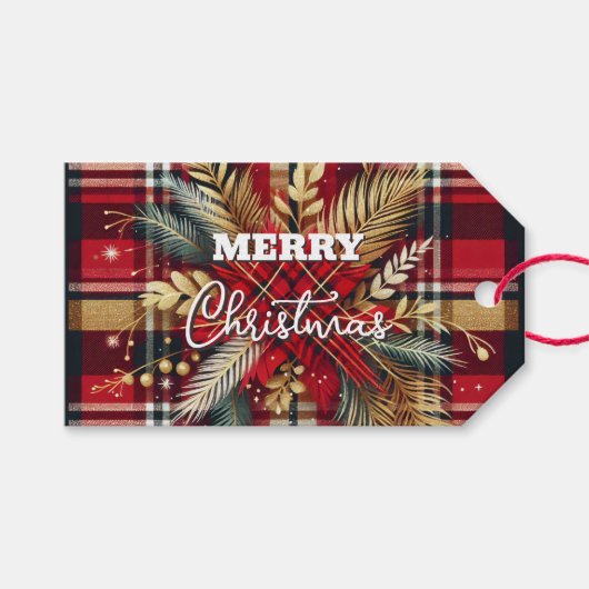 Elegant Rood en Goud Feestelijk Plaid Cadeaulabel (Voorkant (Horizontaal))