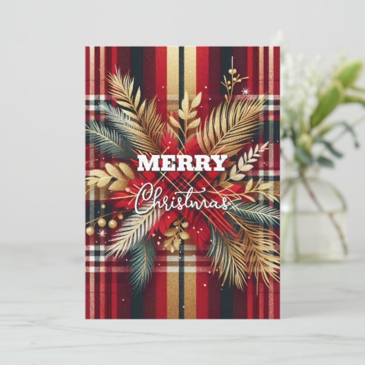 Elegant Rood en Goud Feestelijk Plaid Feestdagenkaart (Staand voorkant)