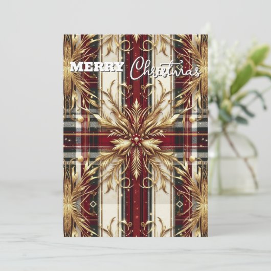 Elegant Rood en Goud Feestelijk Plaid Feestdagenkaart (Staand voorkant)