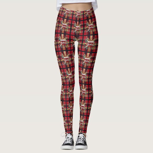 Elegant Rood en Goud Feestelijk Plaid Leggings (Voorkant)