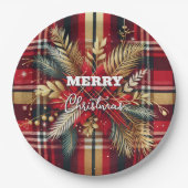 Elegant Rood en Goud Feestelijk Plaid Papieren Bordje (Voorkant)