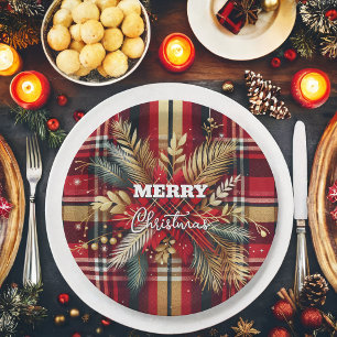 Elegant Rood en Goud Feestelijk Plaid Papieren Bordje