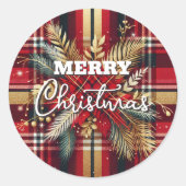 Elegant Rood en Goud Feestelijk Plaid Ronde Sticker (Voorkant)