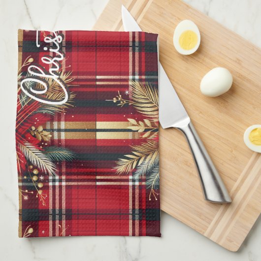 Elegant Rood en Goud Feestelijk Plaid Theedoek (Quarter Fold)