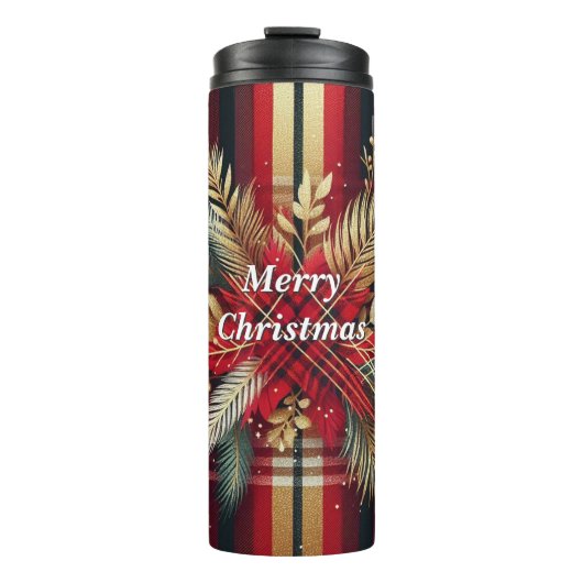 Elegant Rood en Goud Feestelijk Plaid Thermosbeker (Voorkant)